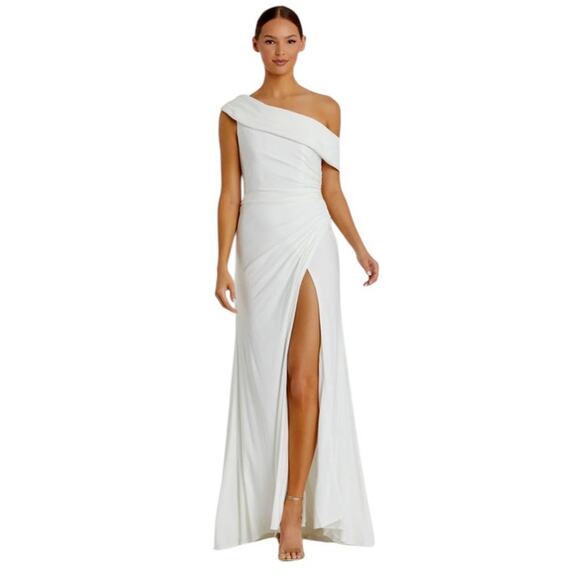 Mac Duggal White Foldover Off-the-Shoulder Slit Gown Style 26517 Size 8 NWT - Picture 1 of 9